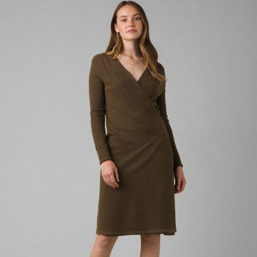 Prana Bryce Bluff V-Neck Faux Wrap Dress Brown XS